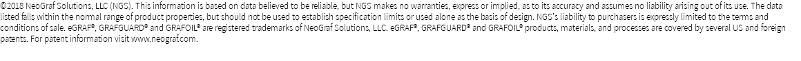 ©2018 NeoGraf Solutions, LLC (NGS). This information is based on data believed to be reliable, but NGS makes no warranties, express or implied, as to its accuracy and assumes no liability arising out of its use. The data listed falls within the normal range of product properties, but should not be used to establish specification limits or used alone as the basis of design. NGS’s liability to purchasers is expressly limited to the terms and conditions of sale. eGRAF®, GRAFGUARD® and GRAFOIL® are registered trademarks of NeoGraf Solutions, LLC. eGRAF®, GRAFGUARD® and GRAFOIL® products, materials, and processes are covered by several US and foreign patents. For patent information visit www.neograf.com.